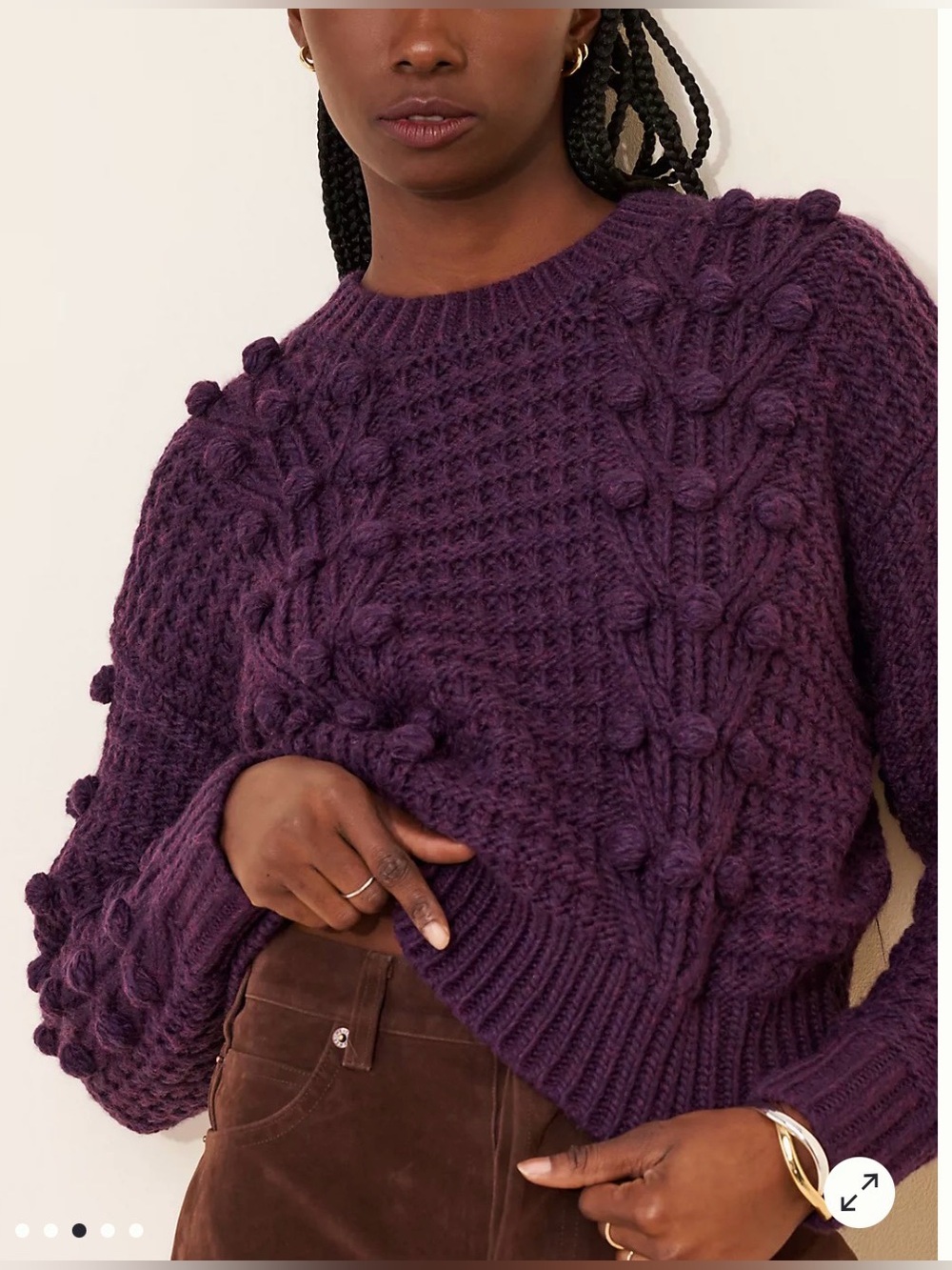 Anthropologie Knit Makers Purple Plum Bobble Cable Knit Sweater Chunky Size M
